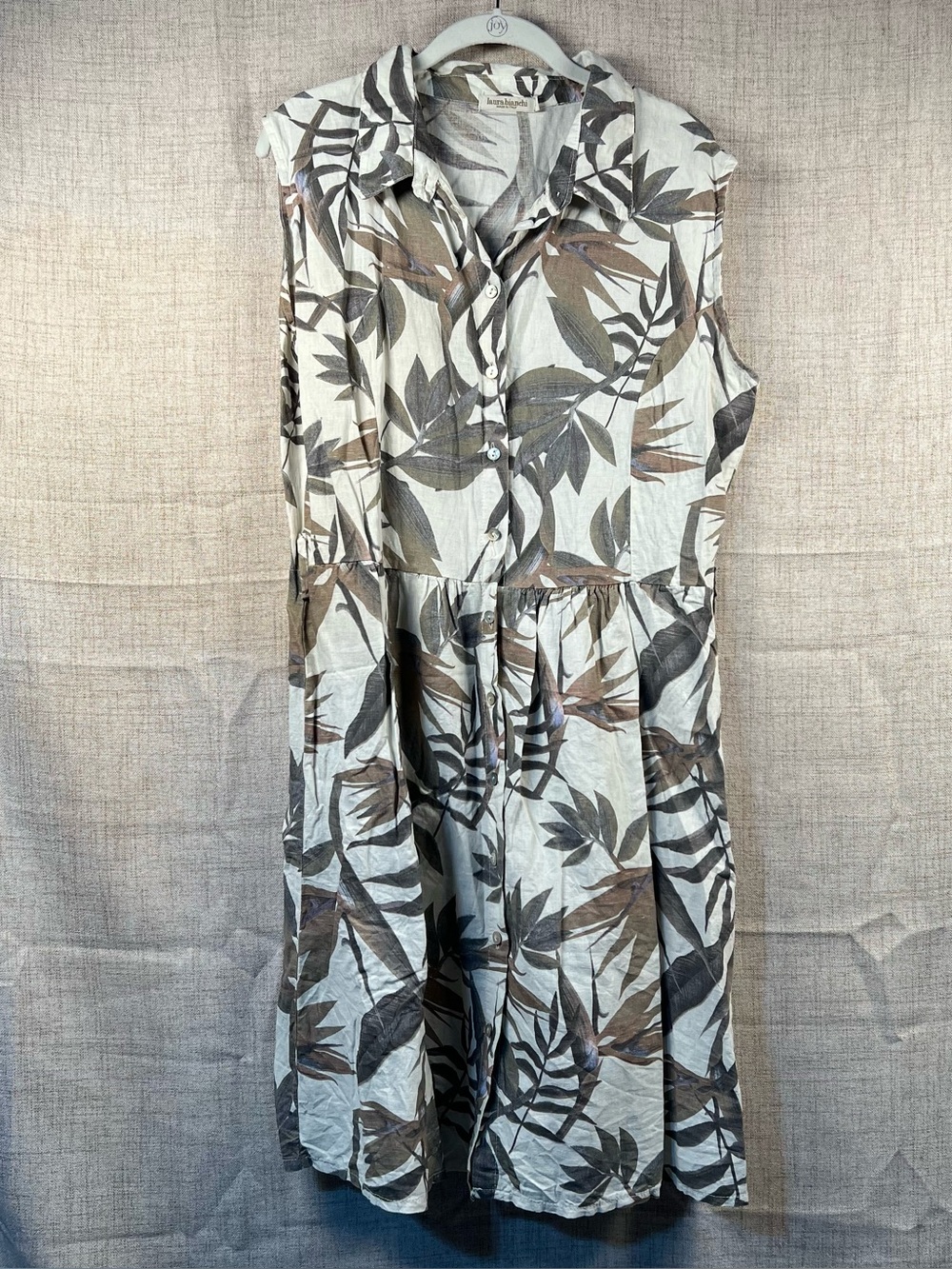 Linen Dress Sleeveless Tropical Tan Collar Casual Button Front Laura Bianchi Lg